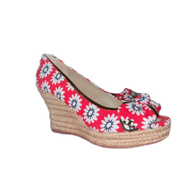 Tory Burch Dory Nantucket Red Navy Sea White Primrose Peep Toe Espadrille Wedges - Picture 8 of 15